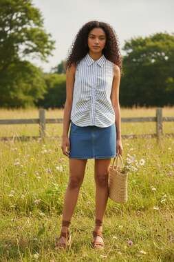 Blue White Striped Ruched Sleeveless Button Up Blouse XL Cottagecore